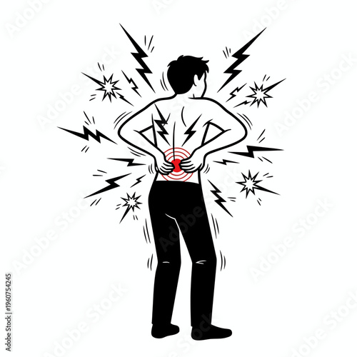 Outlined illustration of a man clutching his lower back with red pain target and lightning bolts indicating sharp spinal injury