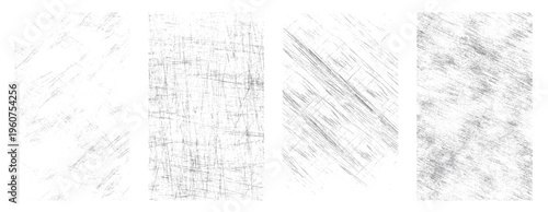 Four distinct grey textured backgrounds with subtle linear and dot patterns on white grunge scratch distressed
