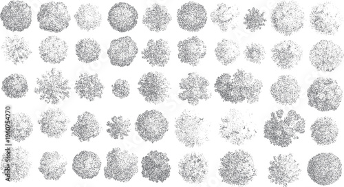 Numerous grey abstract circular shapes composed of small dots and irregular lines on a white background