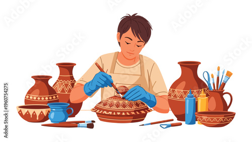 Artisan at Work: An artisan meticulously works on a pottery piece, showcasing his skill and dedication to his craft amid his creative workspace.