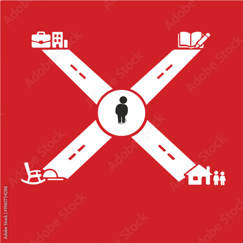 Person at Crossroads Choosing Life Paths Representing Career Decisions, Life Stages and Future Direction – Vector Illustration