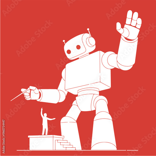 Human Controlling Large AI Robot Like Conductor Representing Leadership Over Artificial Intelligence Systems – Vector Illustration