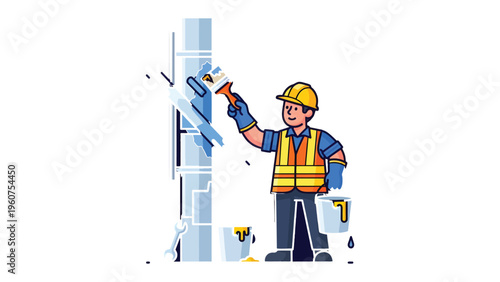Worker Painting a Wall: A diligent construction worker skillfully applies paint to a wall, his focused expression and deliberate brushstrokes convey professionalism and meticulous craftsmanship.