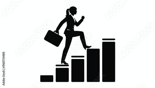 Businesswoman climbing up a bar graph with a briefcase in hand