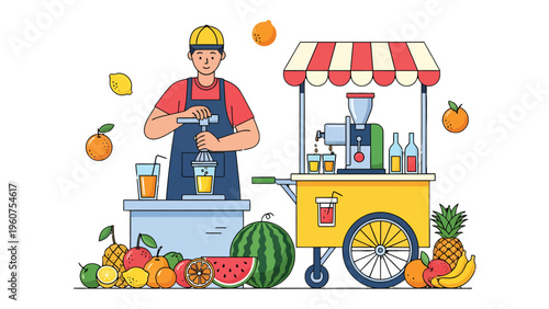 The Juice Vendor's Cart: An illustration captures the essence of a vibrant juice vendor, crafting refreshing concoctions from an array of fresh fruit. A bright and colorful scene. 