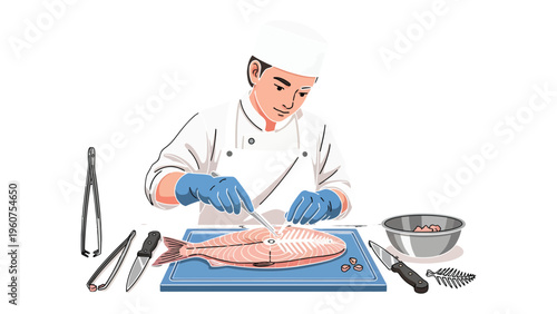 Culinary Precision: A culinary artist in pristine chef attire, deftly and delicately prepares a fresh fish, demonstrating the art of food preparation. 