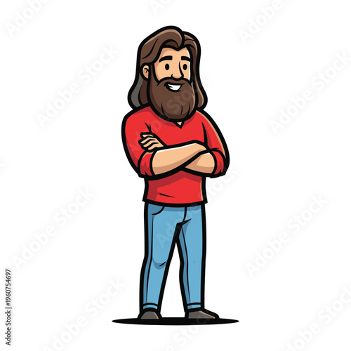 A friendly looking cartoon man with long brown hair and a beard, standing with his arms crossed