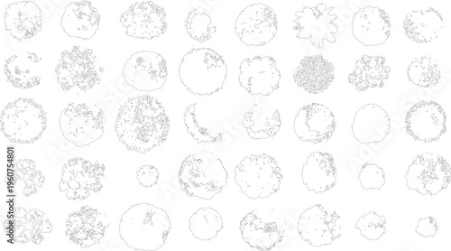 Collection of black and white line of various deciduous trees viewed from above aerial outline