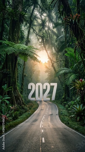 Happy New Year 2027 Background Template with Tropical Rainforest and Morning Highway.