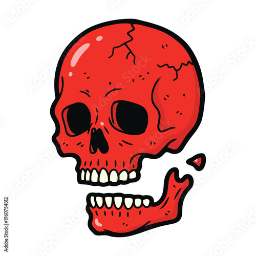 A vibrant red cartoon skull with a detached jaw, featuring a playful yet eerie aesthetic on a white background