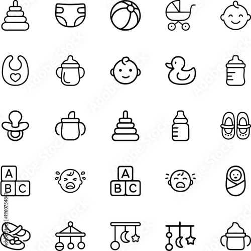 Baby newborn line icon set pacifier bottle diaper stroller