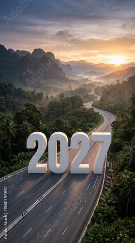 Happy New Year 2027 Background Template with Tropical Rainforest and Morning Highway.