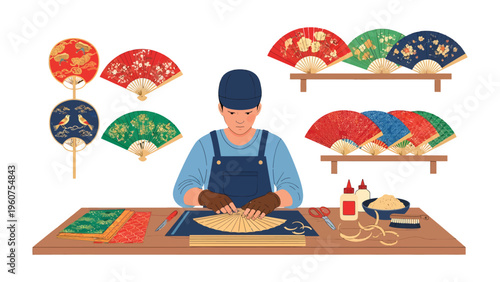 Crafting Tradition: A skilled artisan meticulously works on intricate fans, showcasing the artistry and detail of craftsmanship.