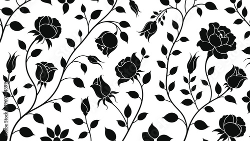 Black roses and leaves on white background floral pattern vector illustration elegant design element decorative border botanical motif floral arrangement graphic resource