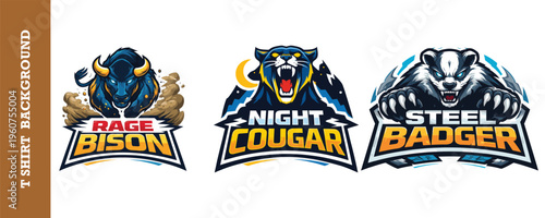 Aggressive beast logos collection with rage bison night cougar and steel badger mascots.
