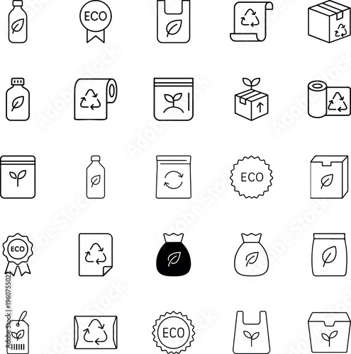Eco friendly packaging line vector icon set bottle bag box recycle leaf