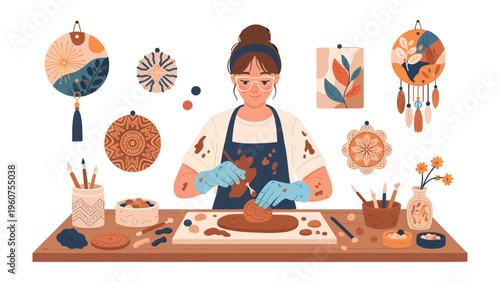 Crafting Creativity: A dedicated artisan sculpts clay with focused intensity in their workshop, surrounded by artistic tools and decorative pieces.