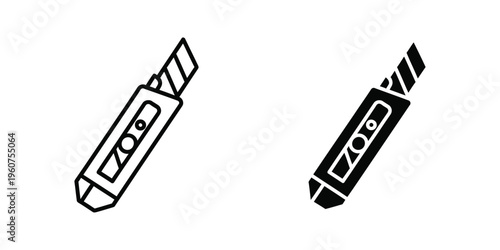 Two stylized images of a utility knife in different orientations