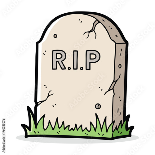 A cartoon illustration of a grey gravestone with 'r.i.p.' carved into it, surrounded by green grass