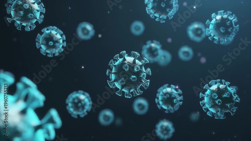 Microscopic visualization of multiple blue virus particles floating in a dark background, representing a viral infection.