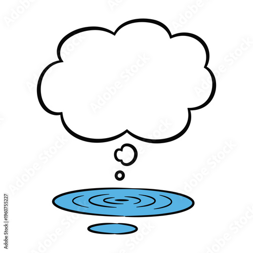 A thought bubble cartoon with a puddle of water and ripples, on a white background, representing reflection or contemplation