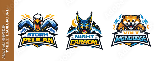 Creative animal mascots featuring storm pelican night caracal and volt mongoose emblems.