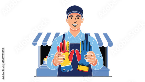 Hand Protection Showcase: A friendly shopkeeper proudly presents a selection of colorful work gloves, under the inviting awning of a local store.