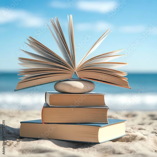 Open Book on Stack of Books at Beach with Ocean Background – Education and Summer Reading Concept.