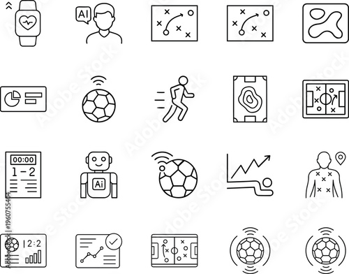 Football AI data analytics line vector icon set soccer ball strategy smartwatch robot