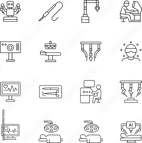 Robotic surgery AI medical technology line vector icon set robot surgeon scalpel table