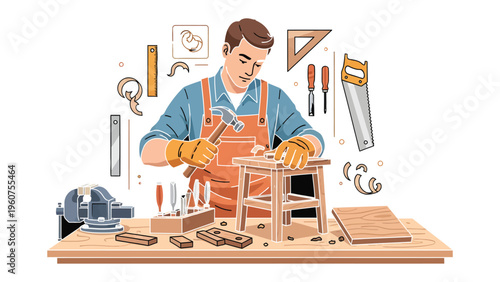 Craftsman at Work: A skilled craftsman, donned in an apron, meticulously hammers a nail into a wooden stool, surrounded by tools of his trade on a workshop workbench.