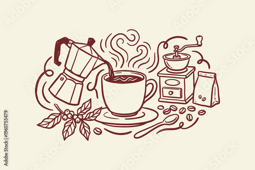 Hand-Drawn Coffee Brewing Illustration with Moka Pot and Grinder