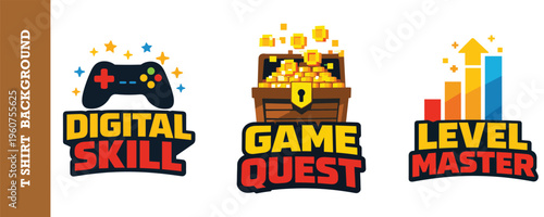 Digital skill game controller treasure chest level master chart gamer icon.