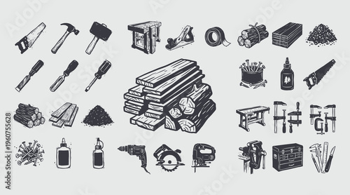 Vintage Woodworking Tools and Carpentry Equipment Vector Set