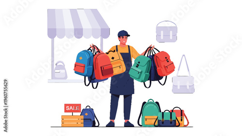 Backpack seller illustration: A vendor stands proudly, showcasing a vibrant collection of backpacks of diverse colors and styles, symbolizing choice and accessibility in a bustling marketplace.