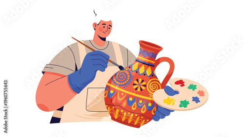 Artisan's Masterpiece: An artisan skillfully adorns a pottery with vibrant patterns and colors, embodying the beauty of craft and artistry.