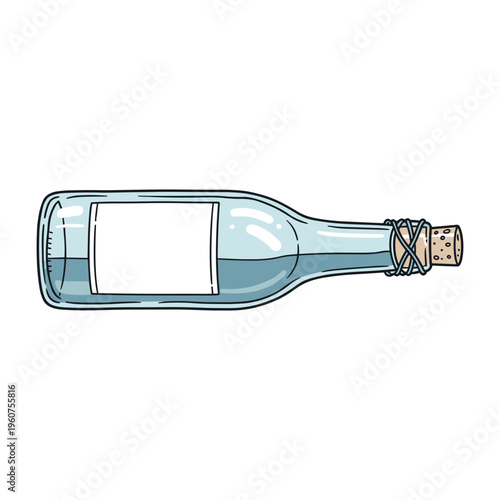 A horizontal, clear glass bottle with a message inside, sealed with a cork and string, against a white background