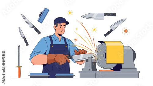 Artisan Knife Sharpening: An artisan expertly sharpens a chef's knife using a grinding machine, demonstrating the precision and care essential for culinary excellence. 
