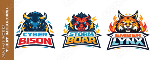 Esports mascot logos set featuring cyber bison storm boar and ember lynx character designs.