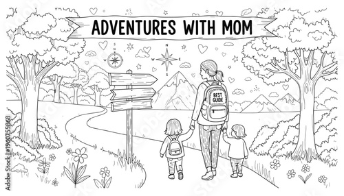 Adventures with Mom – Mother's Day Coloring Page Vector Illustration of Mom and Two Kids Hiking on Nature Trail with Mountains, Compass, and Woodland Scenery