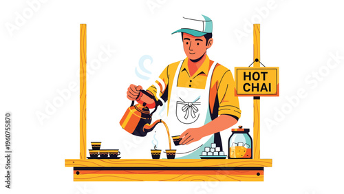 Tea Time: A chai seller in his stall, pouring freshly brewed tea into small cups, with a sign indicating 'Hot Chai' and ingredients neatly arranged.