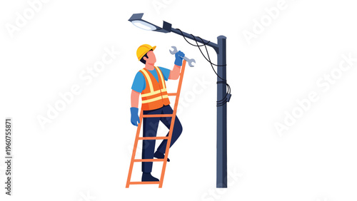 Illuminating Expertise: A dedicated technician meticulously repairs a streetlight, symbolizing the crucial role of maintenance and the promise of a well-lit environment.