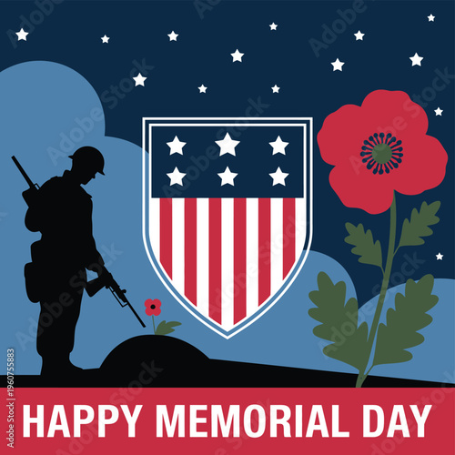 Silhouette of soldier saluting American flag and Memorial Day ribbon