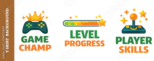 Game champ level progress and player skills labels for professional gaming app interfaces.
