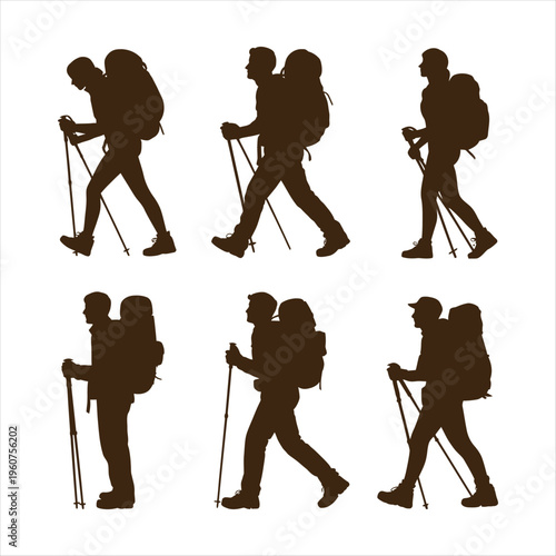 Brown Silhouette of Hikers with Backpacks and Poles