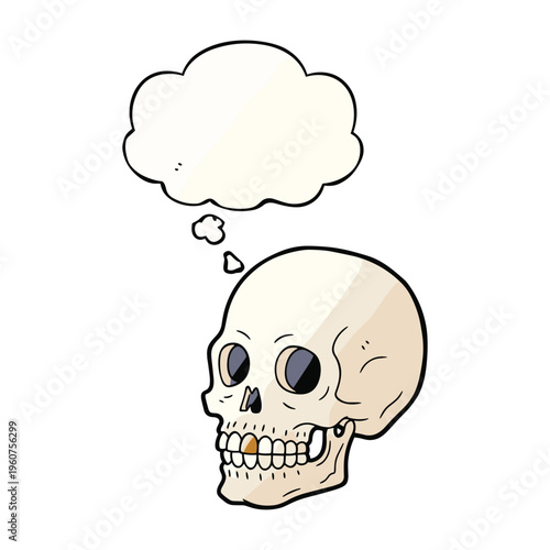 A cartoon illustration of a human skull with a thought bubble above its head, against a white background