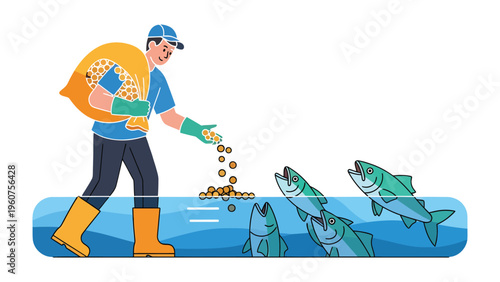 Feeding the fish: An individual in protective gear and work boots is seen tending to a group of aquatic creatures by dispersing grains into their enclosure.