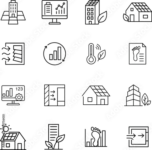 Environmental sustainability smart energy line icon set solar house building carbon footprint