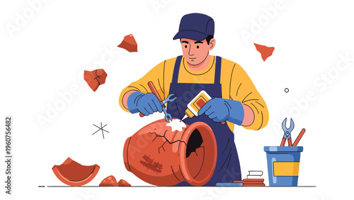 Pottery Restoration: An artisan meticulously repairs a broken pottery vase, using glue and tools, illustrating skill and craftsmanship. 