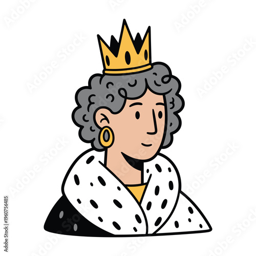 A cartoon illustration of a queen with grey curly hair wearing a gold crown and a fur-trimmed robe